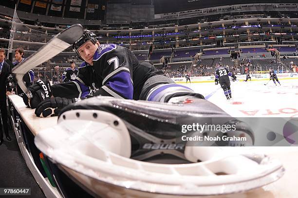 Rob Scuderi of the Los Angeles Kings warms up prior to the game against the Columbus Blue Jackets on March 8, 2010 at Staples Center in Los Angeles,...