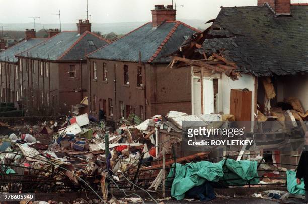 View taken on December 22, 1988 of the scene of devastation caused by the explosion of a 747 Pan Am Jumbo jet over Lockerbie, that crashed December...