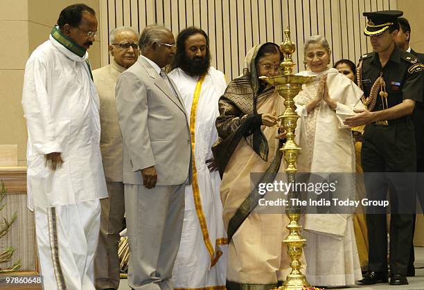 President Pratibha Patil inaugurates the Moortidevi Award of Bharatiya Jnanpith on Thursday, March 18, 2010 in New Delhi. Also present were Sri Sri...