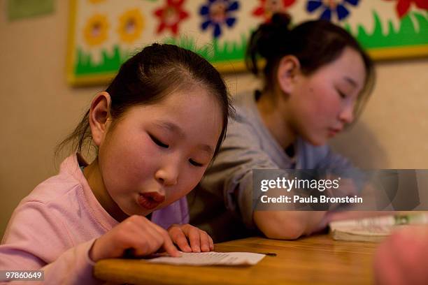 At the Lighthouse girls shelter Mongolian girls do their homework after coming back from school March 10, 2010 in Ulaan Baatar, Mongolia. The police...