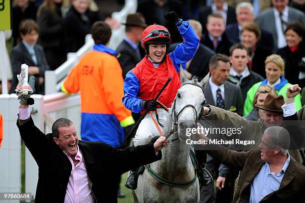 Katie Walsh celebrates riding Thousand Stars to victory in The Vincent O'Brien County Handicap Hurdle Race on Day 4 of the Cheltenham Festival on...