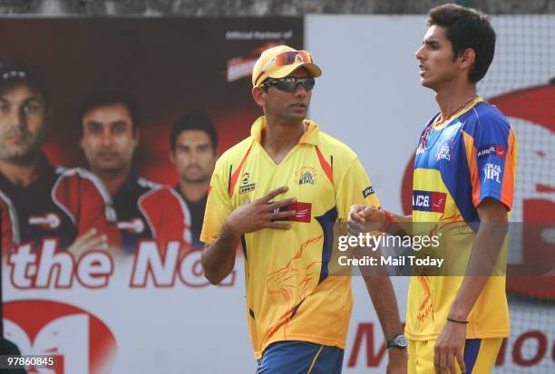 Chennai Super Kings players Venkatesh Prasad and Sudip Tyagi during a training session before the IPL match against Delhi Daredevils in Ferozeshah...