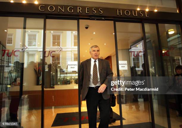 The Unite Union joint general secretary Tony Woodley emerges from the Trades Union Congress building to talk to reporters on March 19, 2010 in...