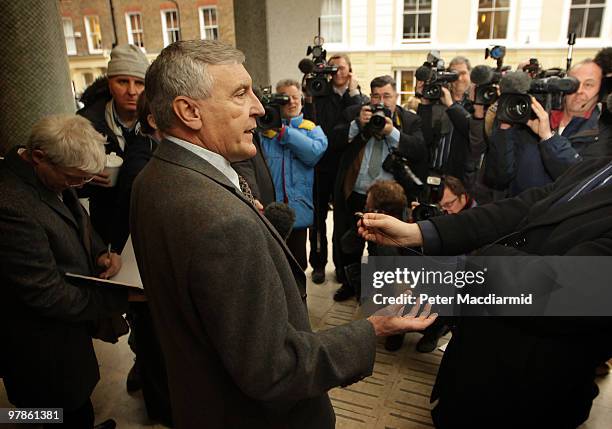 The Unite Union joint general secretary Tony Woodley talks to reporters at the Trades Union Congress building on March 19, 2010 in London, England....