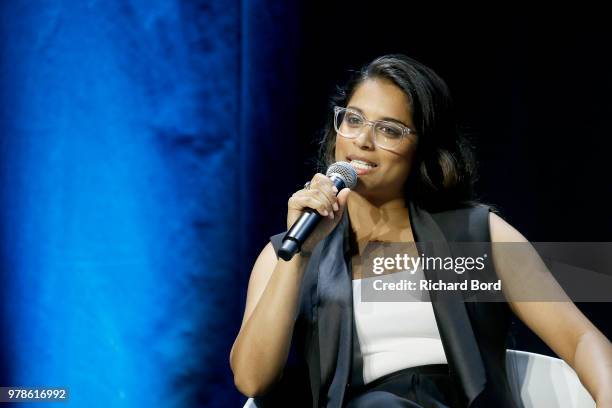 Lilly Singh speaks onstage during the WWE session at the Cannes Lions Festival 2018 on June 19, 2018 in Cannes, France.