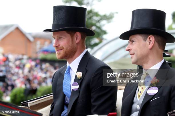 Prince Harry, Duke of Sussex and Prince Edward, Earl of Wessex arrive by carriage to Royal Ascot Day 1 at Ascot Racecourse on June 19, 2018 in Ascot,...