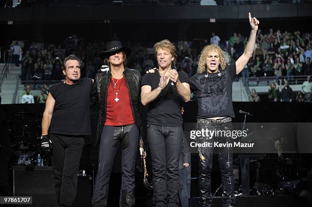 Exclusive* Tico Torres, Richie Sambora, Jon Bon Jovi and David Bryan of Bon Jovi perform during their "Circle Tour" at The Palace of Auburn Hills on...