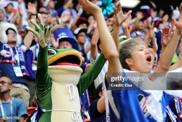 Japan fan in a frog outfit watches the 2018 FIFA World Cup Russia group H match between Colombia and Japan at Mordovia Arena on June 19, 2018 in...