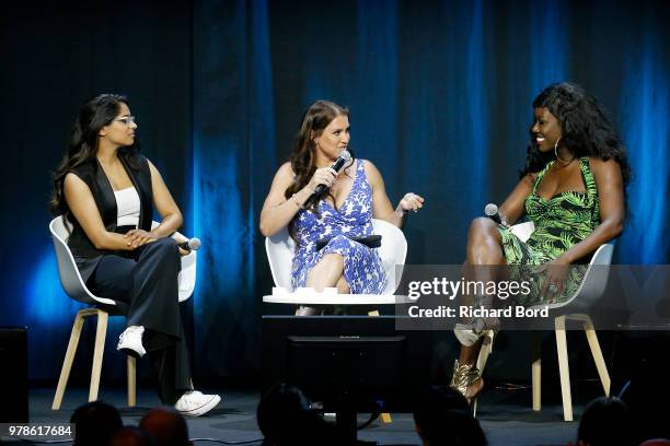 Lilly Singh, Stephanie McMahon and Bozoma Saint John speak onstage during the WWE session at the Cannes Lions Festival 2018 on June 19, 2018 in...