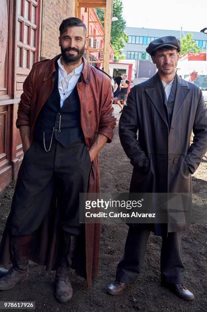 Actors Alex Garcia and Juan Jose Ballesta pose for the photographers during the 'El Continental' filming on June 19, 2018 in San Sebastian de los...