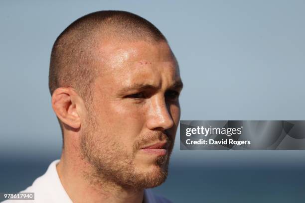 Mike Brown faces the media during the England media session held on June 19, 2018 in Umhlanga Rocks, South Africa.