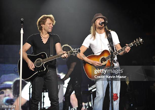 Exclusive* Hometown hero Kid Rock performs "Dead or Alive" with Bon Jovi during their "Circle Tour" at The Palace of Auburn Hills on March 17, 2010...