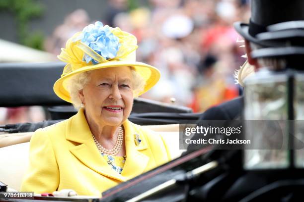 Queen Elizabeth II arrives by carriage to Royal Ascot Day 1 at Ascot Racecourse on June 19, 2018 in Ascot, United Kingdom.