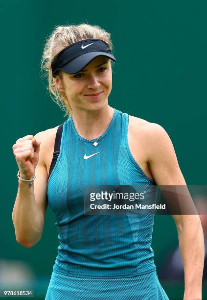 Elina Svitolina of Slovakia celebrates winning her her first round match against Donna Vekic of Croatia on Day Four of the Nature Valley Classic at...