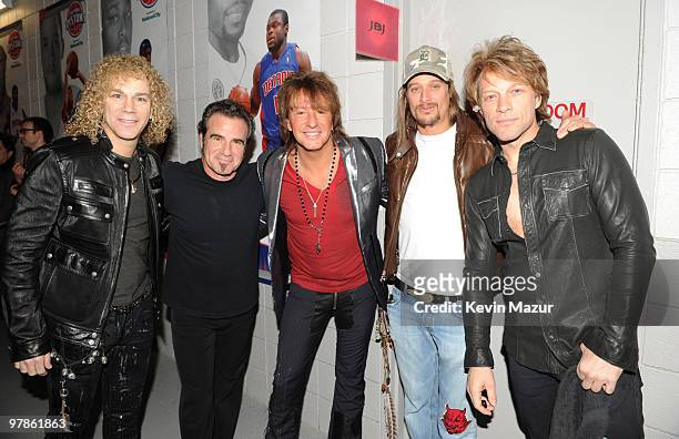 Exclusive* David Bryan, Tico Torres, Richie Sambora, Kid Rock and Jon Bon Jovi backstage during their "Circle Tour" at The Palace of Auburn Hills on...