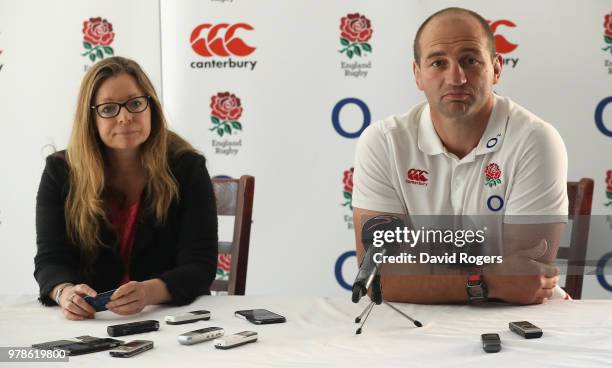 Steve Borthwick, the England forwards coach, faces the media alongside the RFU director of communications Joanna Manning-Cooper during the England...