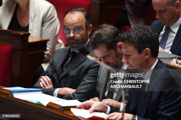 French Prime Minister Edouard Philippe, French Junior Minister for the Relations with Parliament Christophe Castaner and French Government's...