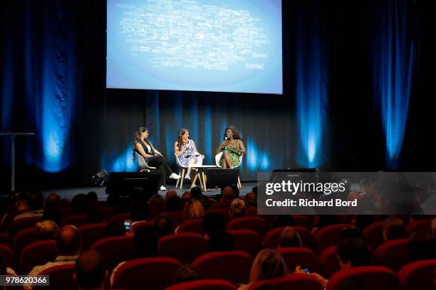 Lilly Singh, Stephanie McMahon and Bozoma Saint John speak onstage during the WWE session at the Cannes Lions Festival 2018 on June 19, 2018 in...
