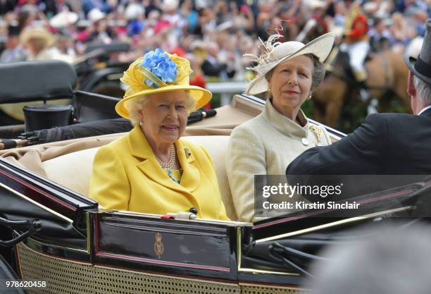 Queen Elizabeth II and Princess Anne, Princess Royal arrive on day 1 of Royal Ascot at Ascot Racecourse on June 19, 2018 in Ascot, England.