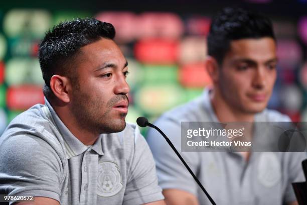 Marco Fabian and Raul Jimenez of Mexico, speak during a training session & Press conference at Training Base Novogorsk-Dynamo, on June 19, 2018 in...
