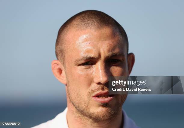 Mike Brown faces the media during the England media session held on June 19, 2018 in Umhlanga Rocks, South Africa.