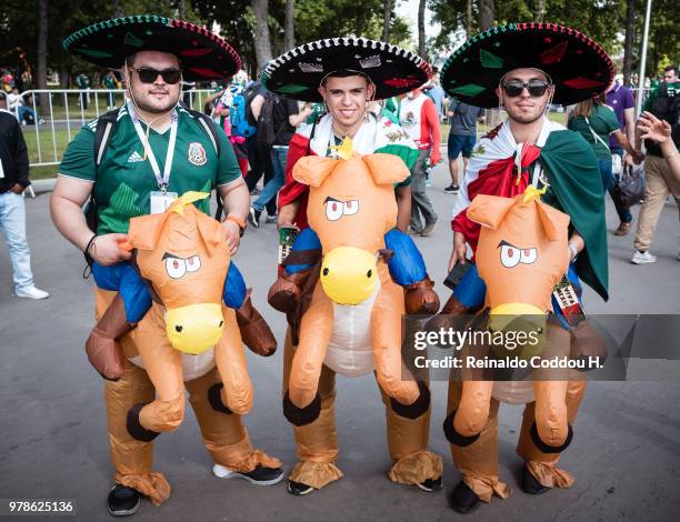 Fans of Mexiko pose in costumes prior to the 2018 FIFA World Cup Russia group A match between Russia and Saudi Arabia at Luzhniki Stadium on June 14,...