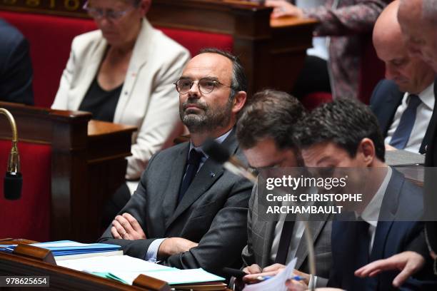 French Prime Minister Edouard Philippe, French Junior Minister for the Relations with Parliament Christophe Castaner and French Government's...