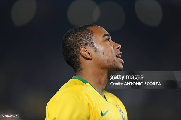 Brazilian forward Robinho reacts during the Fifa Confederations Cup football match Italy vs Brazil on June 21, 2009 at the Loftus Versfeld Stadium in...