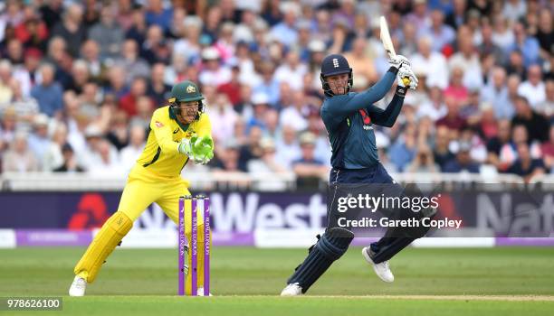 Jason Roy of England bats watched Australia wicketkeeper Tim Paine during the 3rd Royal London ODI match between England and Australia at Trent...