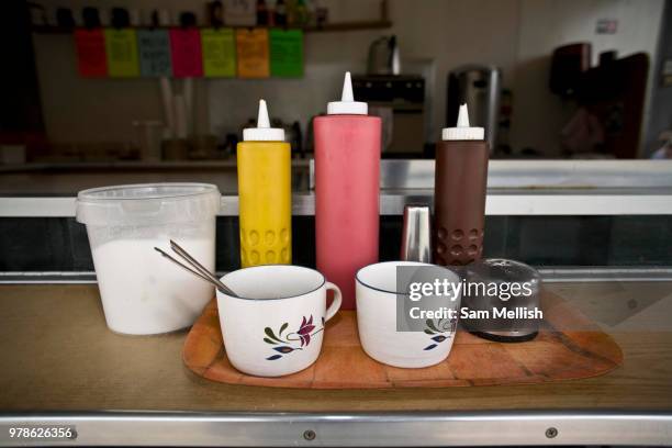 Condiments at a roadside burger van along the A30 on the 24th June 2008 in Exeter in the United Kingdom.