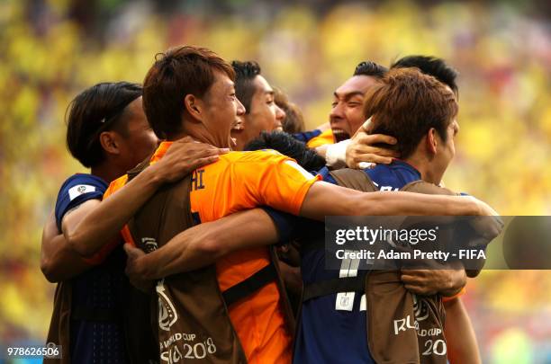 Japan celebrates victory following the 2018 FIFA World Cup Russia group H match between Colombia and Japan at Mordovia Arena on June 19, 2018 in...