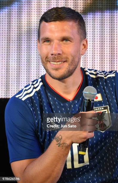 Lukas Podolski attends the public viewing event for Colombia vs Japan match of the 2018 FIFA World Cup Russia on June 19, 2018 in Tokyo, Japan.