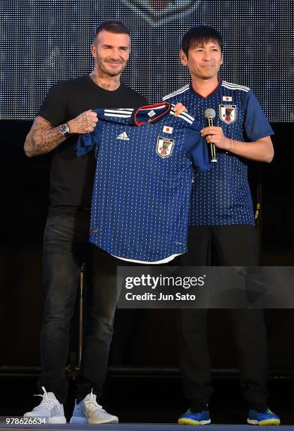 David Beckham and Koji Nakata attend the public viewing event for Colombia vs Japan match of the 2018 FIFA World Cup Russia on June 19, 2018 in...