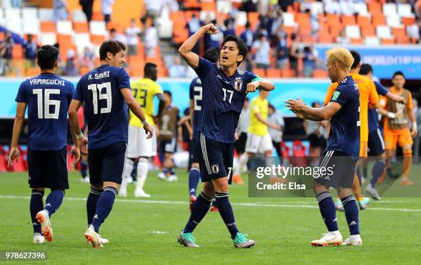 The Japan team celebrates victory following thier victory in the 2018 FIFA World Cup Russia group H match between Colombia and Japan at Mordovia...