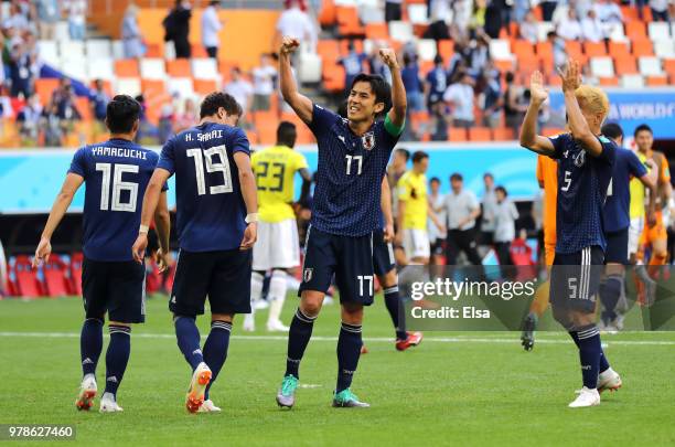 Takashi Usami of Japan celebrate after the 2018 FIFA World Cup Russia group H match between Colombia and Japan at Mordovia Arena on June 19, 2018 in...