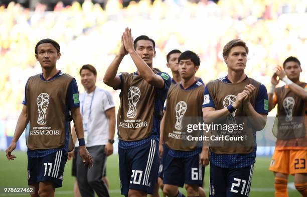 Japan players applauds fans after following their sides victory in the 2018 FIFA World Cup Russia group H match between Colombia and Japan at...