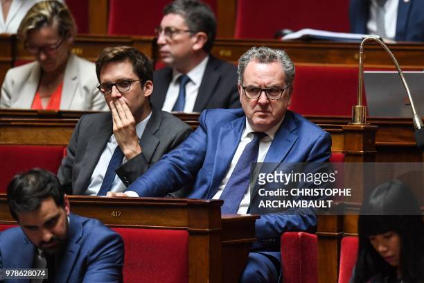 President of the La Republique en Marche parliamentary group, Richard Ferrand , and French lawmaker of the La Republique en Marche party, Pacome...