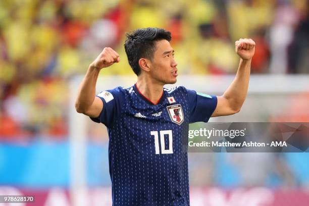 Shinji Kagawa of Japan celebrates at the end of the 2018 FIFA World Cup Russia group H match between Colombia and Japan at Mordovia Arena on June 19,...