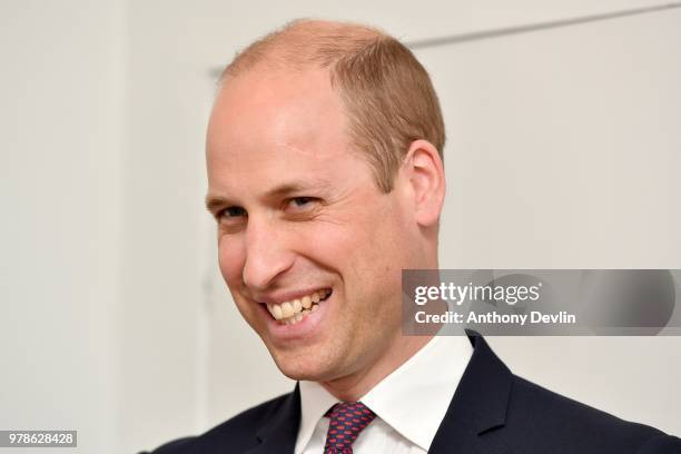 The Duke of Cambridge smiles as he meets families during a visit to James' Place in Liverpool on June 19, 2018 in Liverpool, England. James' Place is...