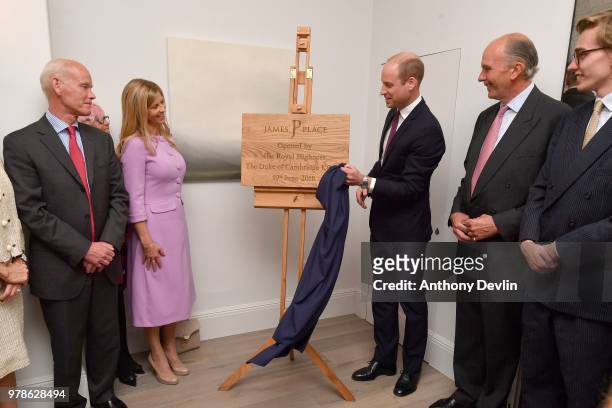 Clare Milford Haven looks-on as The Duke of Cambridge unveils a plaque during a visit to James' Place in Liverpool on June 19, 2018 in Liverpool,...