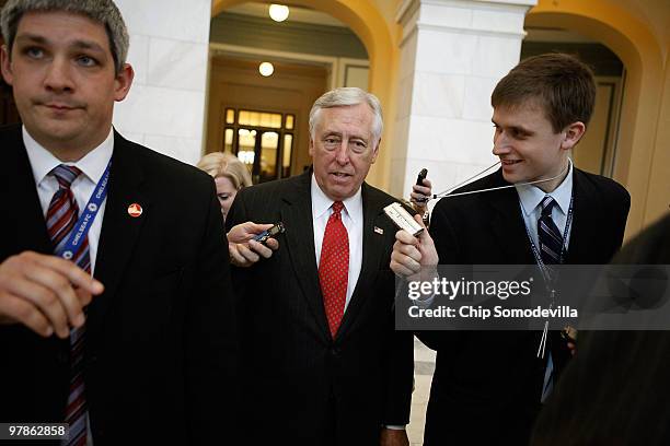 House Majority Leader Steny Hoyer is pursued by reporters after leaving a Democratic caucus meeting in the Canon House Office Building on Capitol...