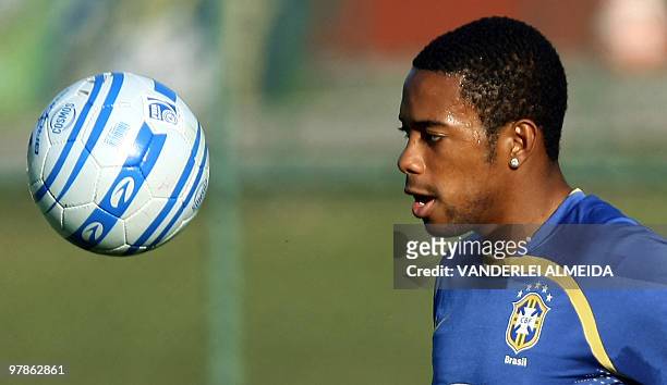Brazilian player Robinho controls the ball during a training session on September 04 in Teresopolis, Brazil. Brazil will face Chile next September...