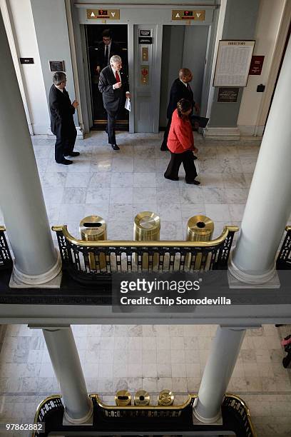 House Majority Leader Steny Hoyer steps off the elevator as he heads into a Democratic caucus meeting in the Canon House Office Building on Capitol...