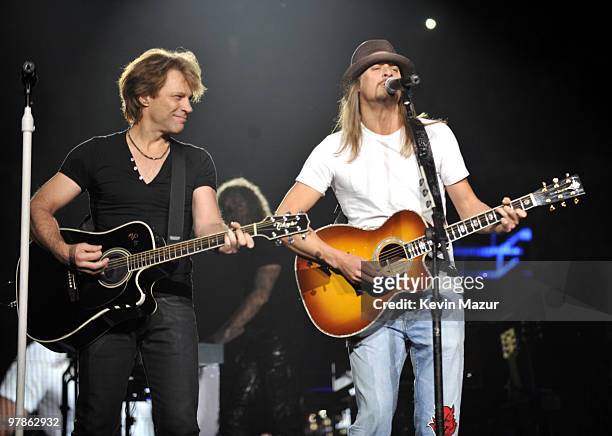 Exclusive* Hometown hero Kid Rock performs "Dead or Alive" with Bon Jovi during their "Circle Tour" at The Palace of Auburn Hills on March 17, 2010...