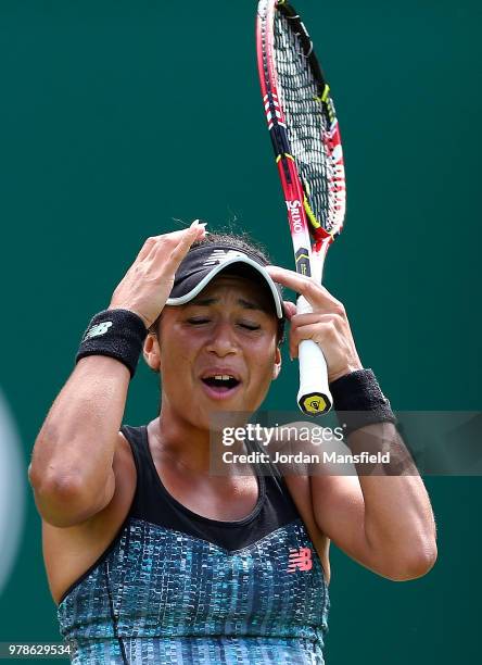 Heather Watson of Great Britain reacts during her first round match against Lesia Tsurenko of Ukraine on Day Four of the Nature Valley Classic at...