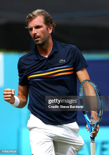 Julien Benneteau of France celebrates winning a point during his match against Tomas Berdych of The Czech Republic on Day Two of the Fever-Tree...