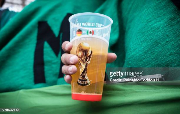 Branded beer cup is seen prior to the 2018 FIFA World Cup Russia group F match between Germany and Mexico at Luzhniki Stadium on June 17, 2018 in...