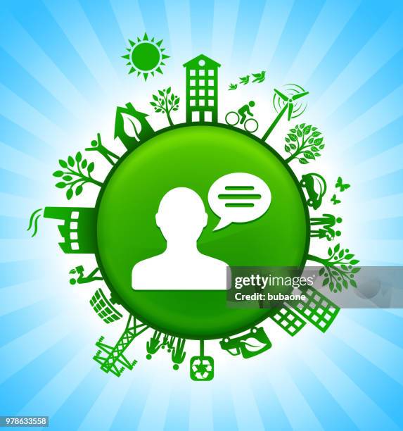man & chatbubble environment green button background on blue sky - it guy cables stock illustrations