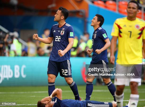 Maya Yoshida of Japan celebrates at the end of the 2018 FIFA World Cup Russia group H match between Colombia and Japan at Mordovia Arena on June 19,...