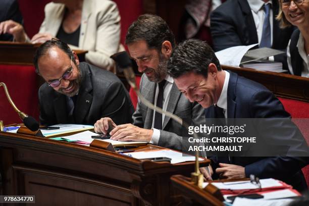 French Prime Minister Edouard Philippe, French Junior Minister for the Relations with Parliament Christophe Castaner and French Government's...